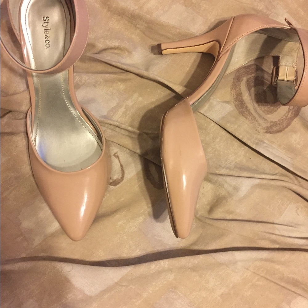 Nude 3 inch ankle strap heels.